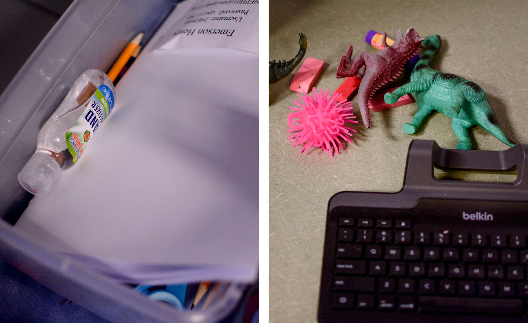 School supply kits, which include pencils, scissors, crayons, and a small bottle